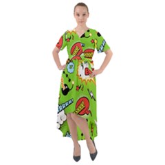 Modern-comics-background-pattern-with-bombs-lightening-jagged-clouds-speech-bubbles Front Wrap High Low Dress by Vaneshart