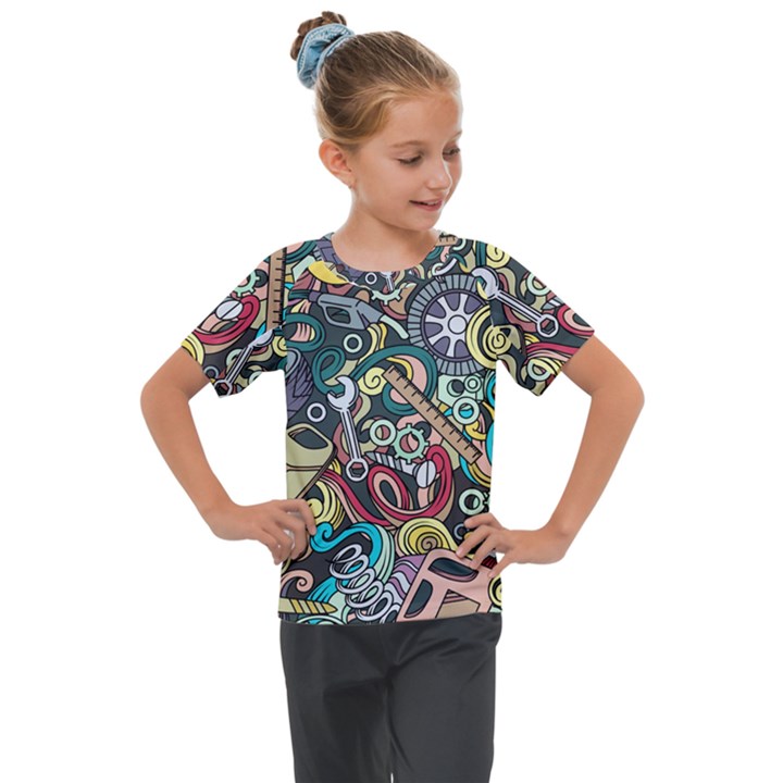 Cartoon-cute-doodles-hand-drawn-auto-service-seamless-pattern Kids  Mesh Piece Tee