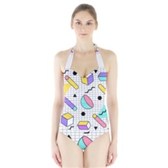 Tridimensional-pastel-shapes-background-memphis-style Halter Swimsuit by Vaneshart