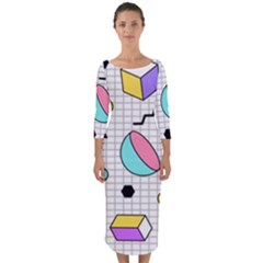 Tridimensional-pastel-shapes-background-memphis-style Quarter Sleeve Midi Bodycon Dress