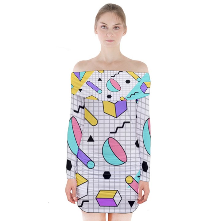 Tridimensional-pastel-shapes-background-memphis-style Long Sleeve Off Shoulder Dress