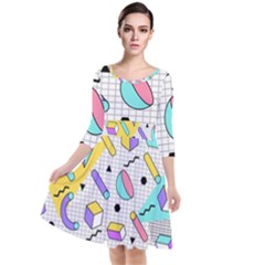 Tridimensional-pastel-shapes-background-memphis-style Quarter Sleeve Waist Band Dress by Vaneshart