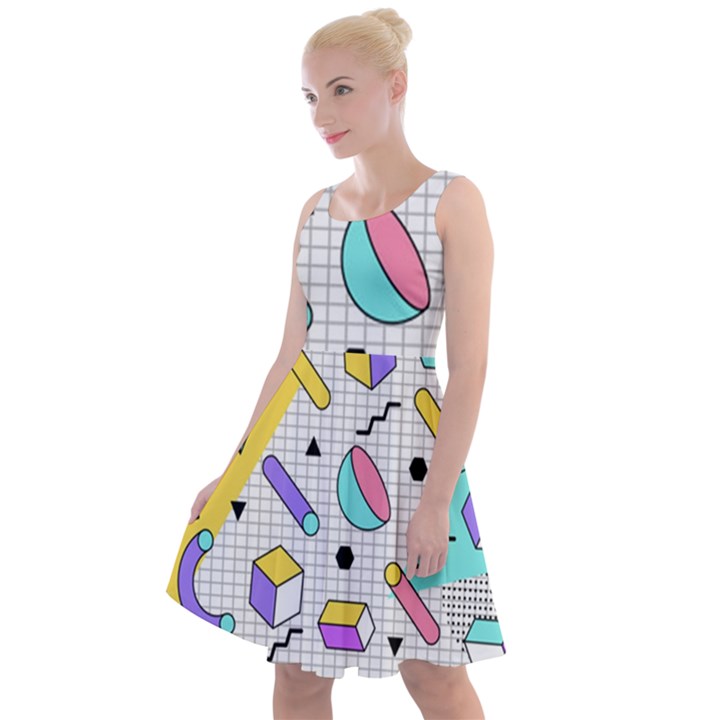 Tridimensional-pastel-shapes-background-memphis-style Knee Length Skater Dress