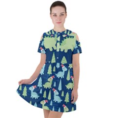 Cute-dinosaurs-animal-seamless-pattern-doodle-dino-winter-theme Short Sleeve Shoulder Cut Out Dress 