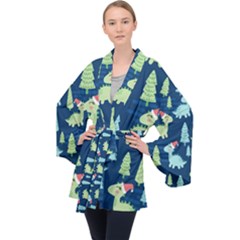 Cute-dinosaurs-animal-seamless-pattern-doodle-dino-winter-theme Long Sleeve Velvet Kimono 