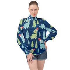 Cute-dinosaurs-animal-seamless-pattern-doodle-dino-winter-theme High Neck Long Sleeve Chiffon Top by Vaneshart