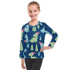 Cute-dinosaurs-animal-seamless-pattern-doodle-dino-winter-theme Kids  Long Mesh Tee