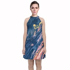 Liquid-abstract-paint-texture Velvet Halter Neckline Dress 