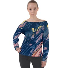 Liquid-abstract-paint-texture Off Shoulder Long Sleeve Velour Top