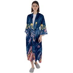 Liquid-abstract-paint-texture Maxi Satin Kimono