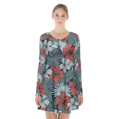 Seamless-floral-pattern-with-tropical-flowers Long Sleeve Velvet V-neck Dress