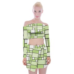 Green-geometric-digital-paper Off Shoulder Top With Mini Skirt Set by Vaneshart