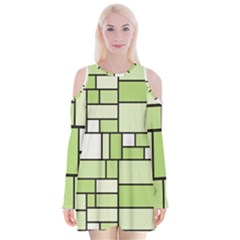 Green-geometric-digital-paper Velvet Long Sleeve Shoulder Cutout Dress