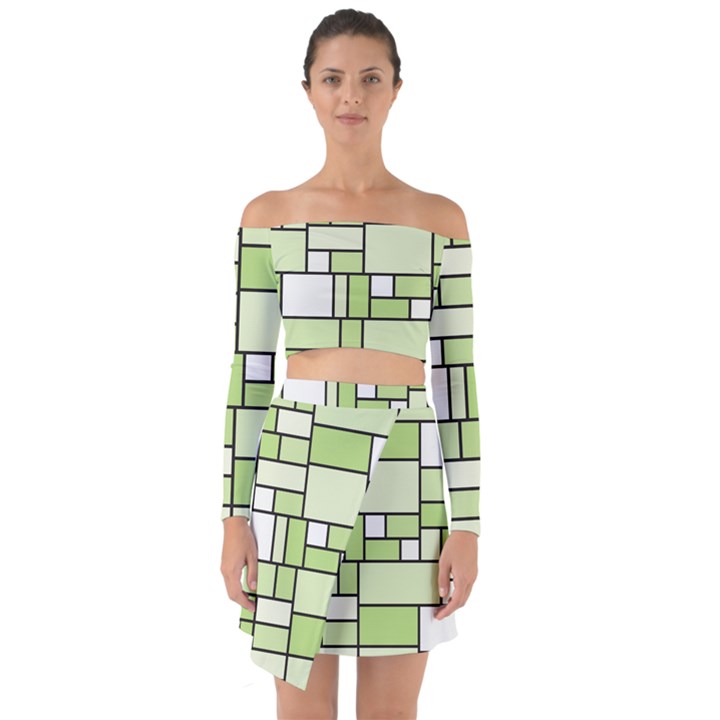 Green-geometric-digital-paper Off Shoulder Top with Skirt Set