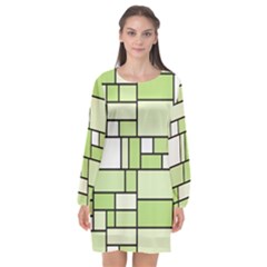 Green-geometric-digital-paper Long Sleeve Chiffon Shift Dress 