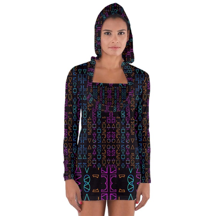 Neon Geometric Seamless Pattern Long Sleeve Hooded T-shirt