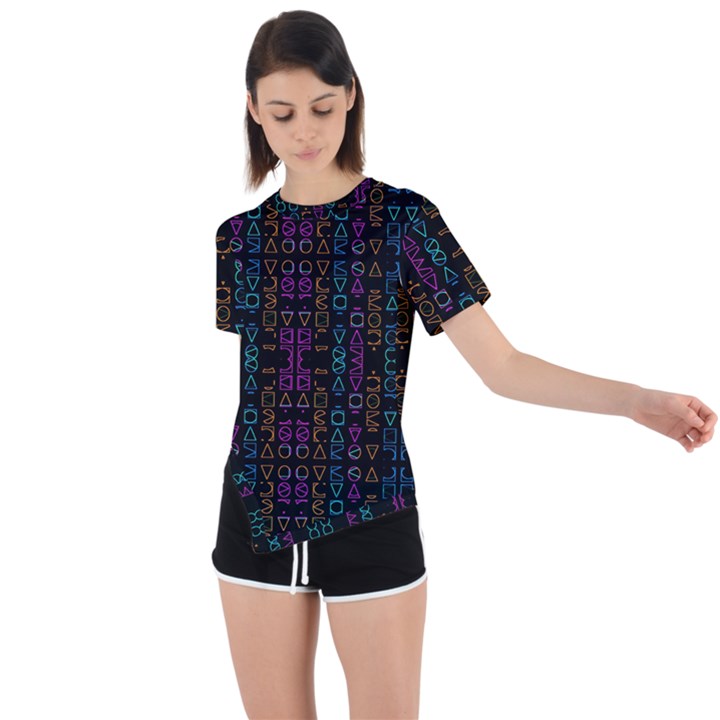 Neon Geometric Seamless Pattern Asymmetrical Short Sleeve Sports Tee