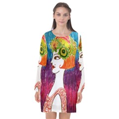 Art Deco Woman Long Sleeve Chiffon Shift Dress 