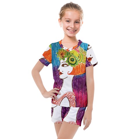 Art Deco Woman Kids  Mesh Tee And Shorts Set by snowwhitegirl