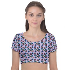 Goth Girl In Blue Dress Lilac Pattern Velvet Short Sleeve Crop Top  by snowwhitegirl