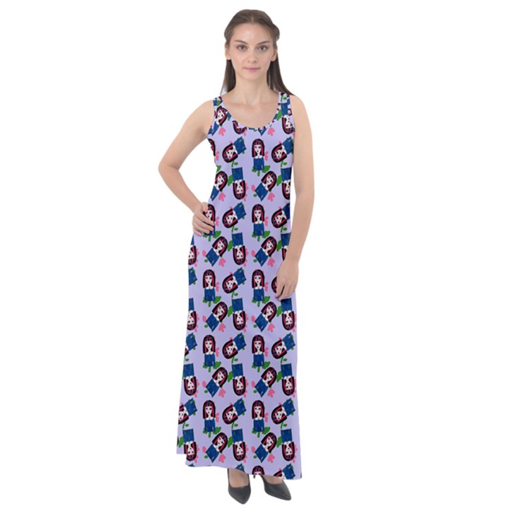 Goth Girl In Blue Dress Lilac Pattern Sleeveless Velour Maxi Dress