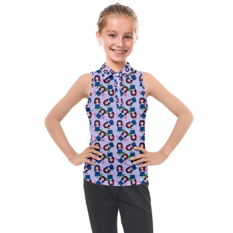 Goth Girl In Blue Dress Lilac Pattern Kids  Sleeveless Polo Tee by snowwhitegirl