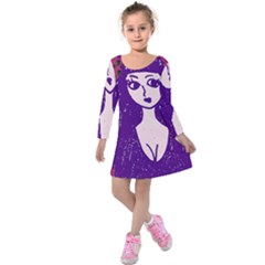 Purple Cat Ear Hat Girl Floral Wall Kids  Long Sleeve Velvet Dress by snowwhitegirl