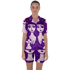 Purple Cat Ear Hat Girl Floral Wall Satin Short Sleeve Pyjamas Set by snowwhitegirl