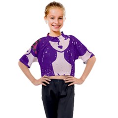 Purple Cat Ear Hat Girl Floral Wall Kids Mock Neck Tee