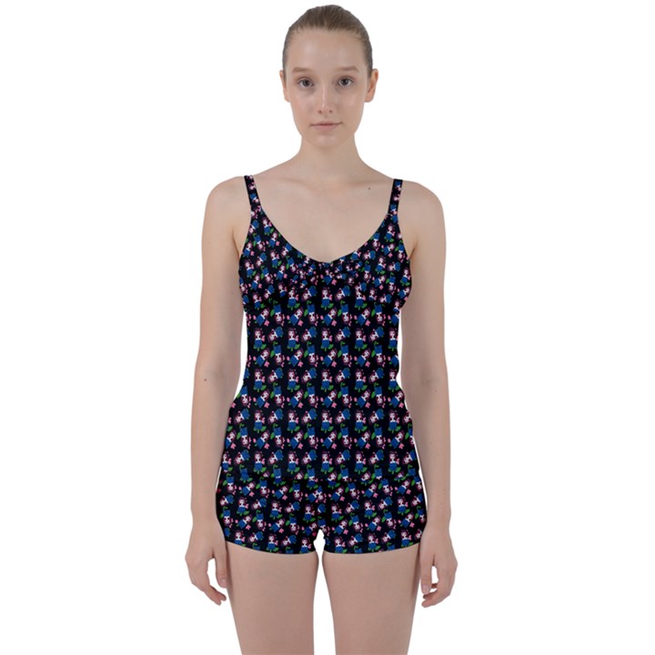 Goth Girl In Blue Dress Black Pattern Tie Front Two Piece Tankini