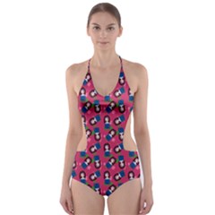 Goth Girl In Blue Dress Pink Pattern Cut-out One Piece Swimsuit by snowwhitegirl