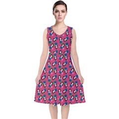 Goth Girl In Blue Dress Pink Pattern V-neck Midi Sleeveless Dress 