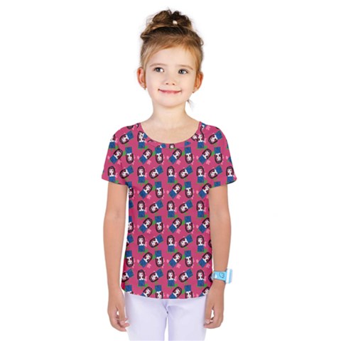 Goth Girl In Blue Dress Pink Pattern Kids  One Piece Tee by snowwhitegirl