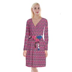 Goth Girl In Blue Dress Pink Pattern Long Sleeve Velvet Front Wrap Dress by snowwhitegirl