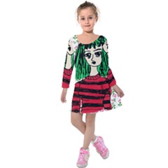 Freddy Girl Wall Kids  Long Sleeve Velvet Dress