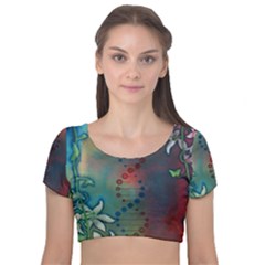 Flower Dna Velvet Short Sleeve Crop Top  by RobLilly