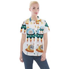 Vector set funny robots cartoon Women s Short Sleeve Pocket Shirt