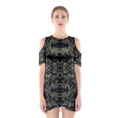 Stylized Golden Ornate Nature Motif Print Shoulder Cutout One Piece Dress by dflcprintsclothing