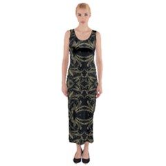 Stylized Golden Ornate Nature Motif Print Fitted Maxi Dress by dflcprintsclothing