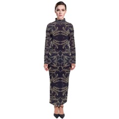 Stylized Golden Ornate Nature Motif Print Turtleneck Maxi Dress