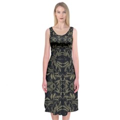 Stylized Golden Ornate Nature Motif Print Midi Sleeveless Dress by dflcprintsclothing