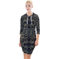 Stylized Golden Ornate Nature Motif Print Quarter Sleeve Hood Bodycon Dress by dflcprintsclothing