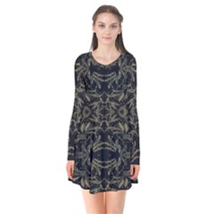 Stylized Golden Ornate Nature Motif Print Long Sleeve V-neck Flare Dress by dflcprintsclothing