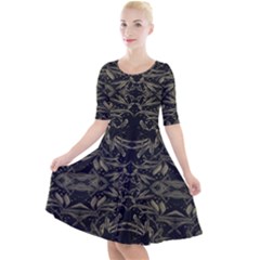 Stylized Golden Ornate Nature Motif Print Quarter Sleeve A-line Dress by dflcprintsclothing