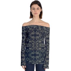 Stylized Golden Ornate Nature Motif Print Off Shoulder Long Sleeve Top by dflcprintsclothing