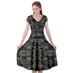 Stylized Golden Ornate Nature Motif Print Cap Sleeve Wrap Front Dress by dflcprintsclothing