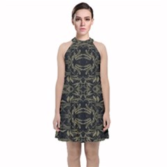 Stylized Golden Ornate Nature Motif Print Velvet Halter Neckline Dress 