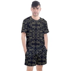 Stylized Golden Ornate Nature Motif Print Men s Mesh Tee And Shorts Set