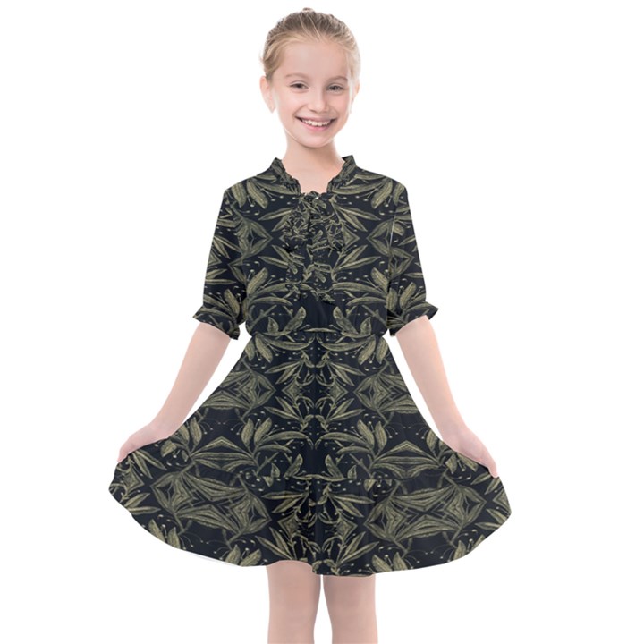 Stylized Golden Ornate Nature Motif Print Kids  All Frills Chiffon Dress