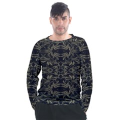 Stylized Golden Ornate Nature Motif Print Men s Long Sleeve Raglan Tee